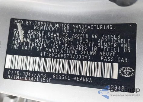 2007 Toyota Avalon Xl из США, поврежденный, VIN 4T1BK36B07U239513